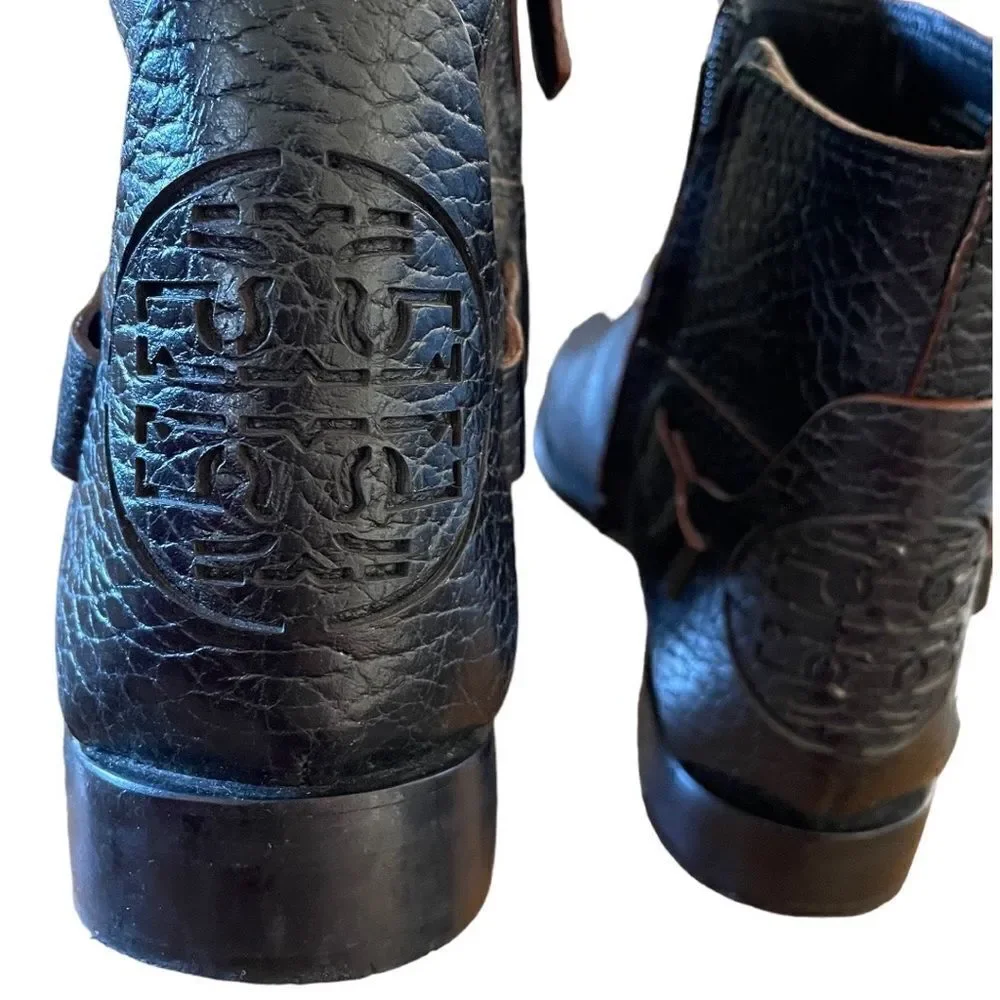 Tory Burch Derby Ankle Boots Pebble Leather Black